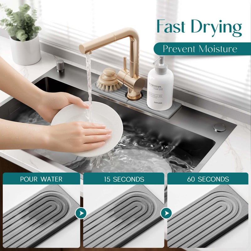eormoe Diatomite Kitchen Faucet Mat - 14Inch Water Absorbing Stone Tray for Sink, Stone Fast-Drying Faucet Mat for Kitchen Counter Sink Accessories (Grey, 14'' x 3.9'') - Image 3